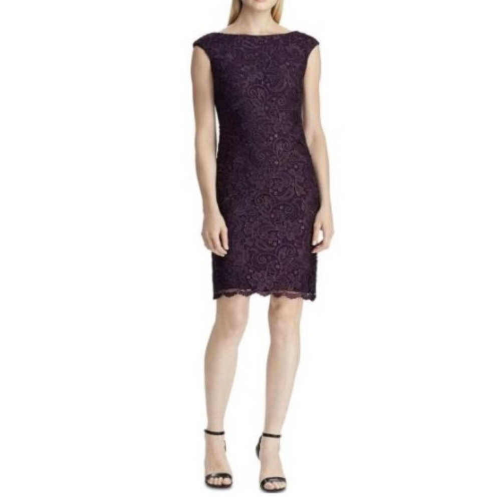 Ralph Lauren Purple Midi Dress with Intricate Lace Design